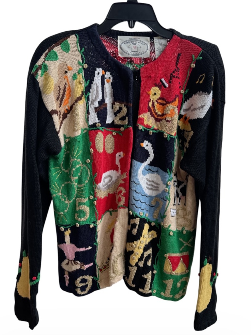 The Eagle's Eye “12 Days of Christmas" hand-knit patchwork cardigan Size S